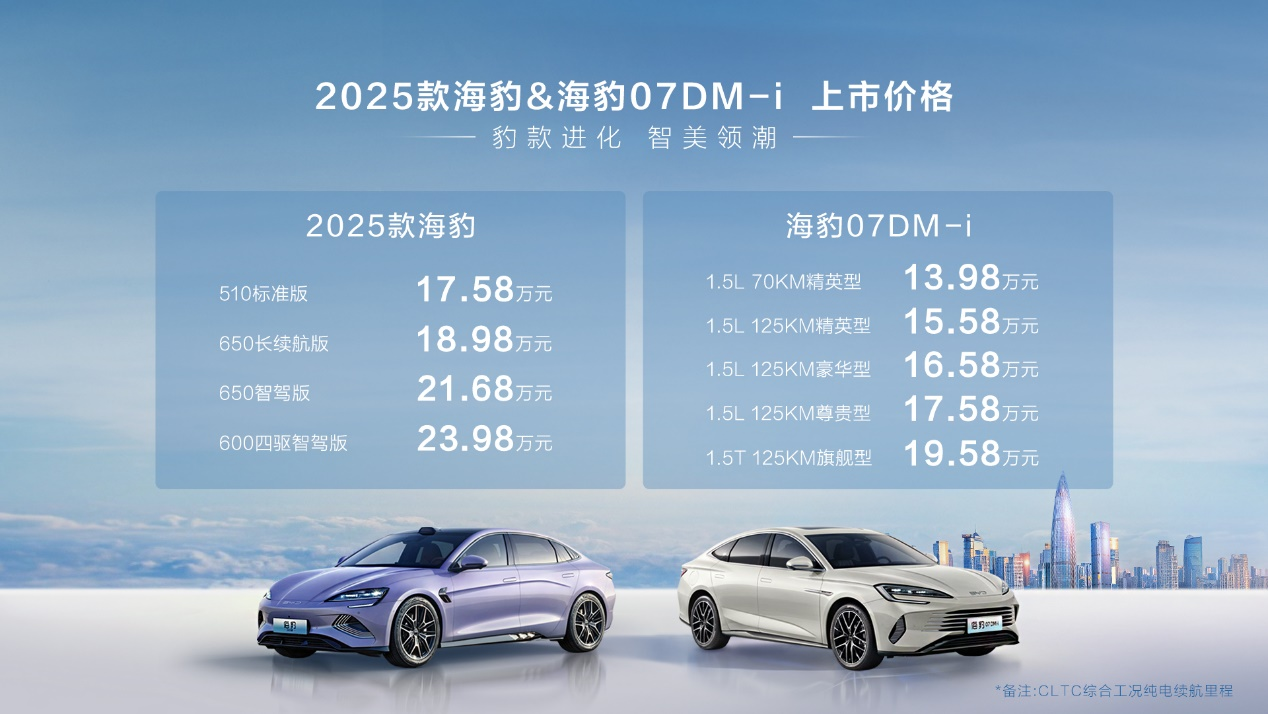 双豹齐发，比亚迪2025款海豹售17.58万元起、海豹07DM-i售13.98万元起